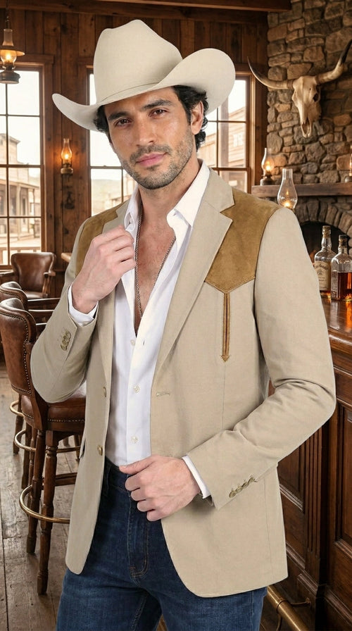 Men’s Khaki Western Blazer with Suede Yokes, Cowboy Sport Coat , Ranch and Country Events in Tan Khaki Color By Platini