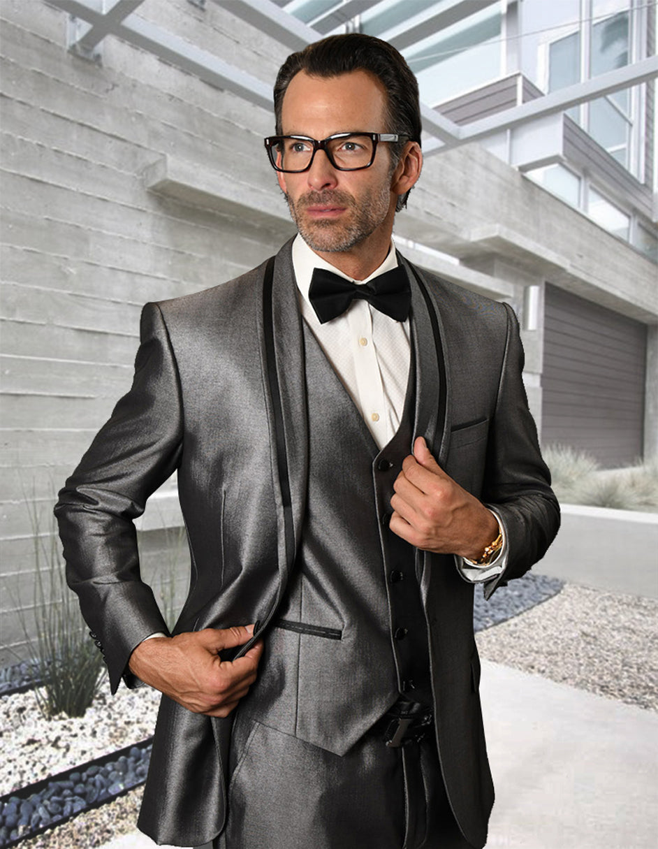 Mens Satin Trim Shawl Lapel Tuxedo in Silver Sharkskin - 36 Short