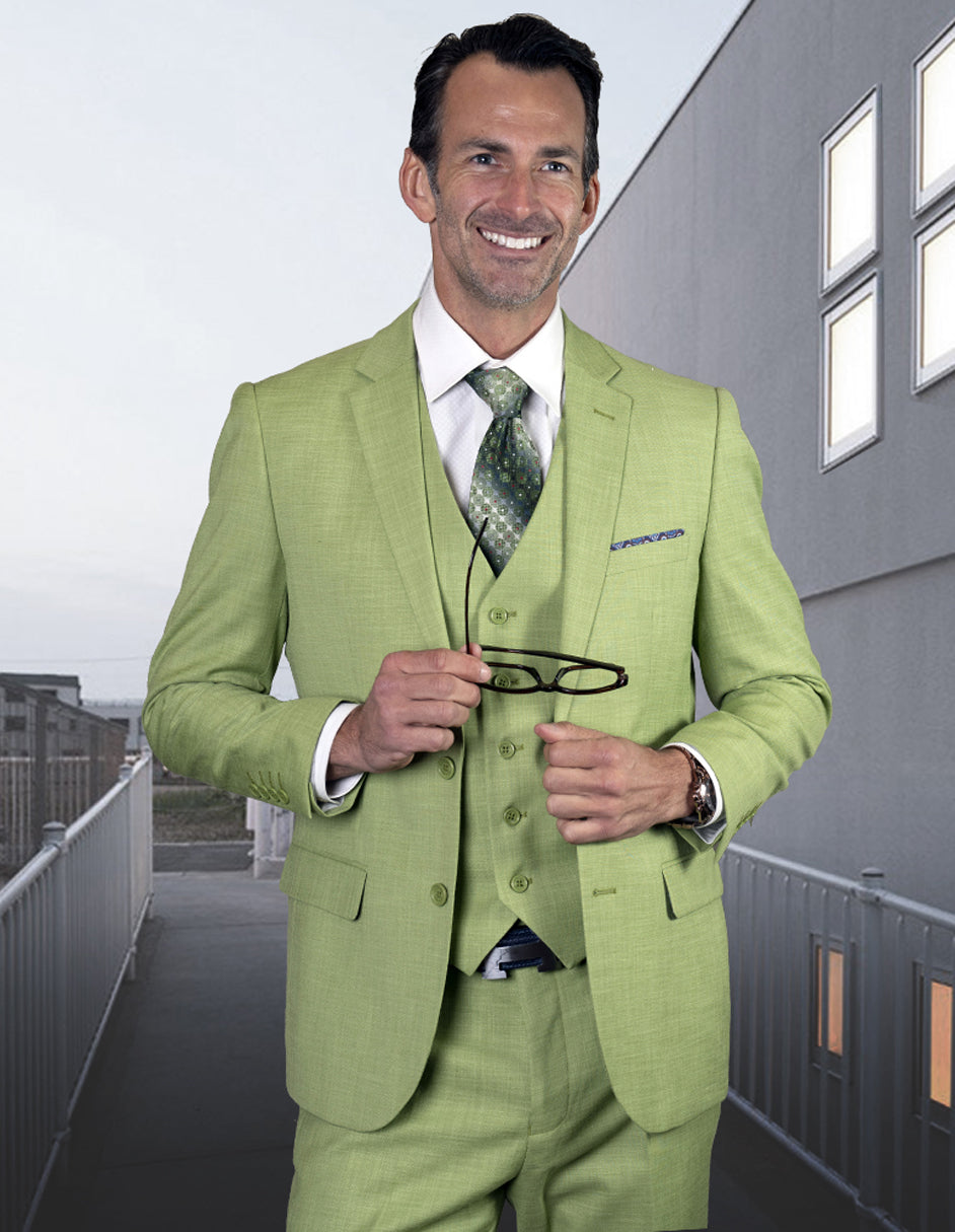Mens 2 Button Slim Fit Vested Wool Suit in Pistachio Light Green - 34 Short
