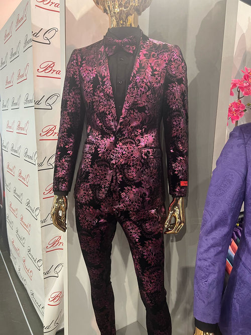 Mens Black and Deep Pink Floral Tuxedo Suit Slim Fit 2 Piece Formal Set with Matching Bow Tie