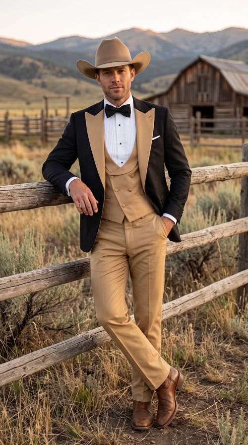 Men's Western Khaki Cowboy Tuxedo Suit – Black & Tan Beige Peak Lapel 3-Piece Vested Formal Cowboy Suit