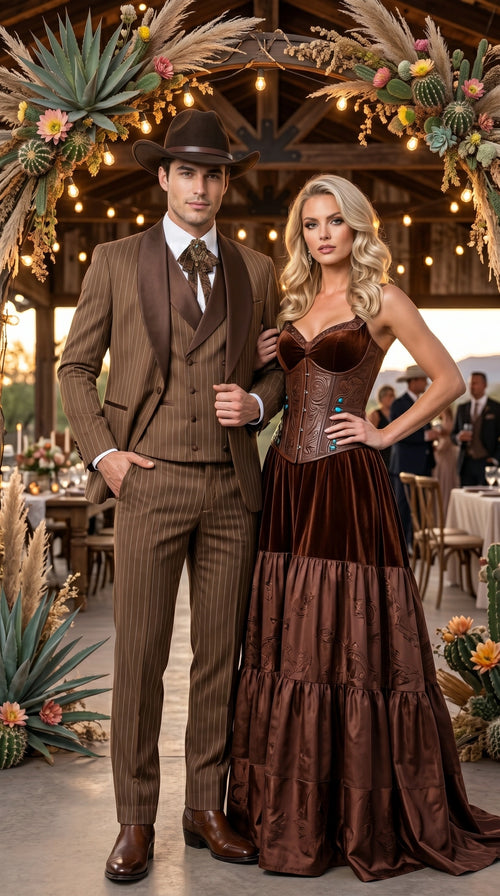 Men’s Brown Pinstripe Western Cowboy Tuxedo, Contrast Shawl Lapel Formal Suit for Weddings, Prom, Parties, and Special Occasions