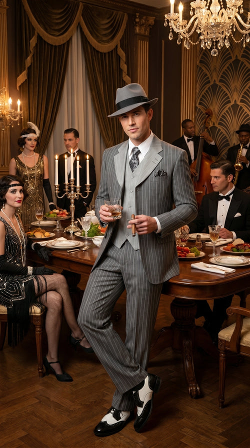 Men’s Grey Pinstripe 1920s Gangster 3 Piece Suit, Contrast Lapel Vintage Formal Suit for Parties, Prom, Weddings, and Theme Events