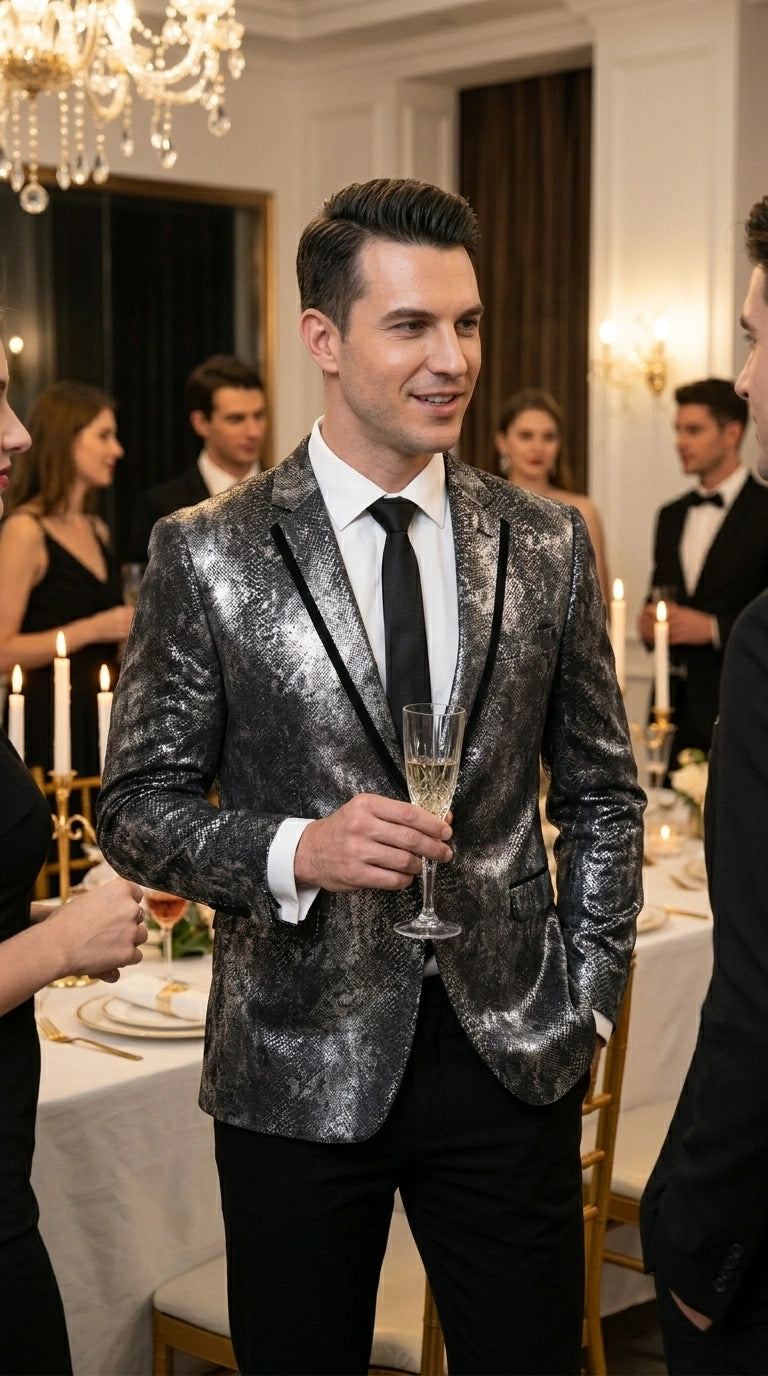 Menās Black and Charcoal Gray Snakeskin Print Blazer, Animial Exotic Skin Alligator Crocodile Texture