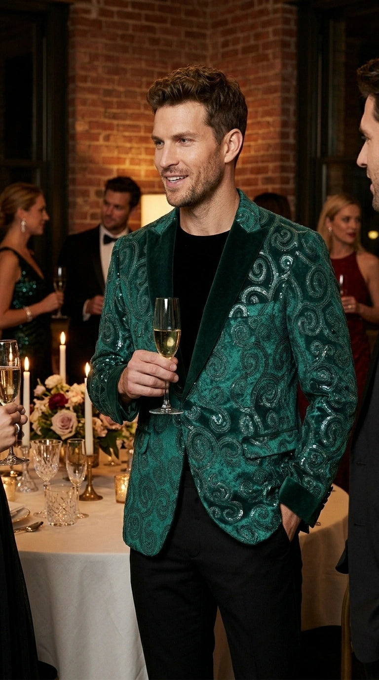 Men’s Emerald Green Paisley Tuxedo Dinner Jacket with Black Lapel, Formal Prom Wedding Party Blazer