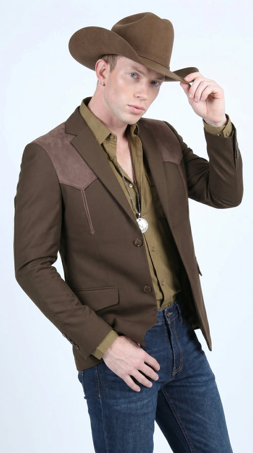 Men’s Dark Brown Western Blazer with Suede Yokes, Cowboy Sport Coat for Ranch Wedding and Country Events
