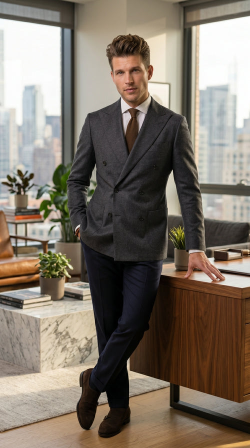 Men’s Charcoal Double Breasted Blazer, Formal Wedding Business Casual Sport Coat Jacket Wool Fabric