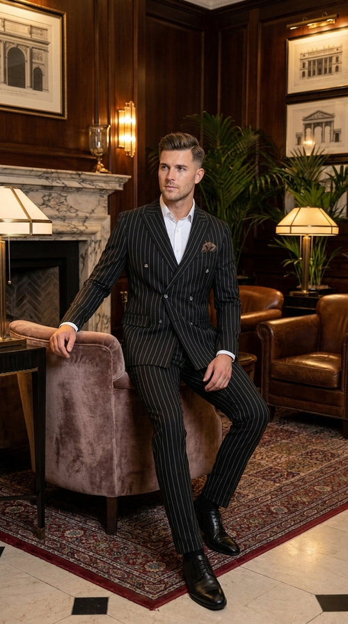 Men's Black Pinstripe Tuxedo Suit – Classic & 1920s Gangster Formal Wear Vintage 1940s 1930s Look