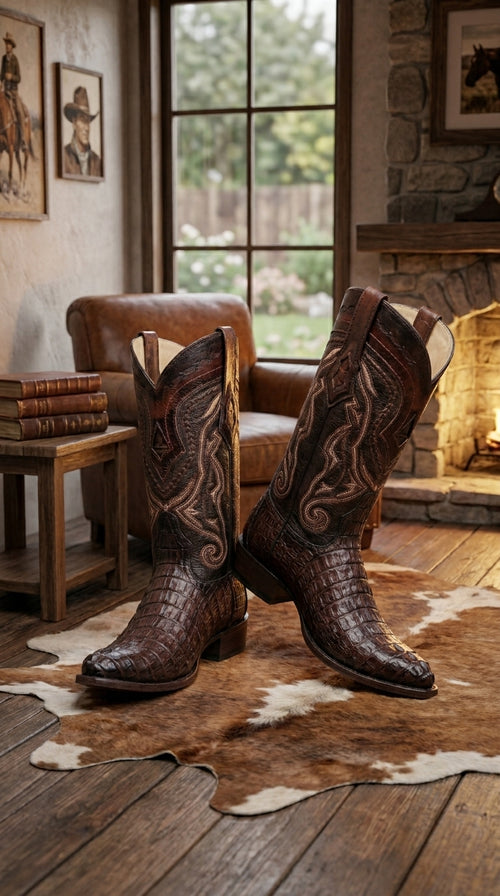 Men’s Los Altos Faded Brown Caiman Tail Cowboy Boots with Pointed Toe, Western Dress Boots