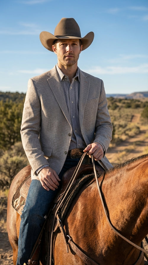 Mens Textured Light Grey Western Blazer – Cowboy Style Casual Sport Coat for Men Classic Western Jacket