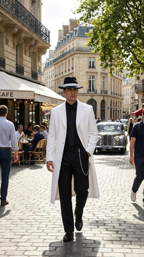 Mens White Long Zoot Style Suit | Vintage Gangster Mafia Formal Coat with Black Pants