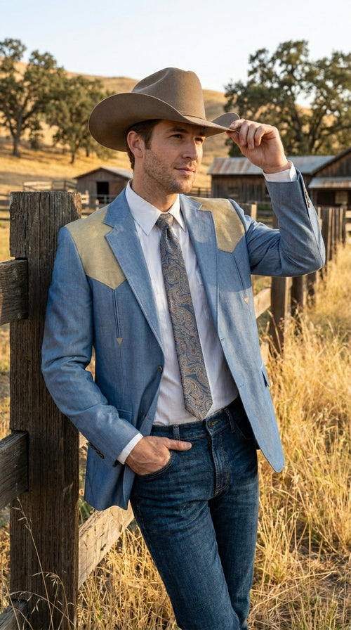 Men’s Steel - Light Blue and Bone Color Western Cowboy Blazer – Shiny Country Style Dress Jacket for Rodeo Saco De Hombre Vaquero