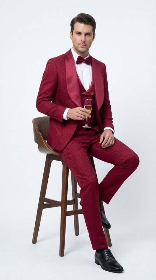 Mens Burgundy Wedding Tuxedo Suit β Paisley Three Piece Formal Suit Set with Shawl Lapel for Groom, Prom