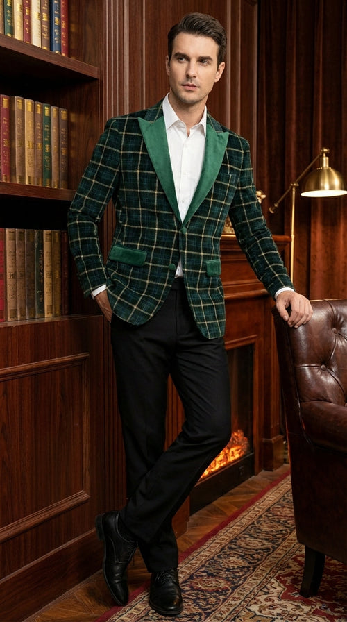 Mens Tartan Green and Gold Check Blazer – Windowpane Plaid Sport Coat Velvet Lapel Plaid Christmas Holiday New Year Jacket