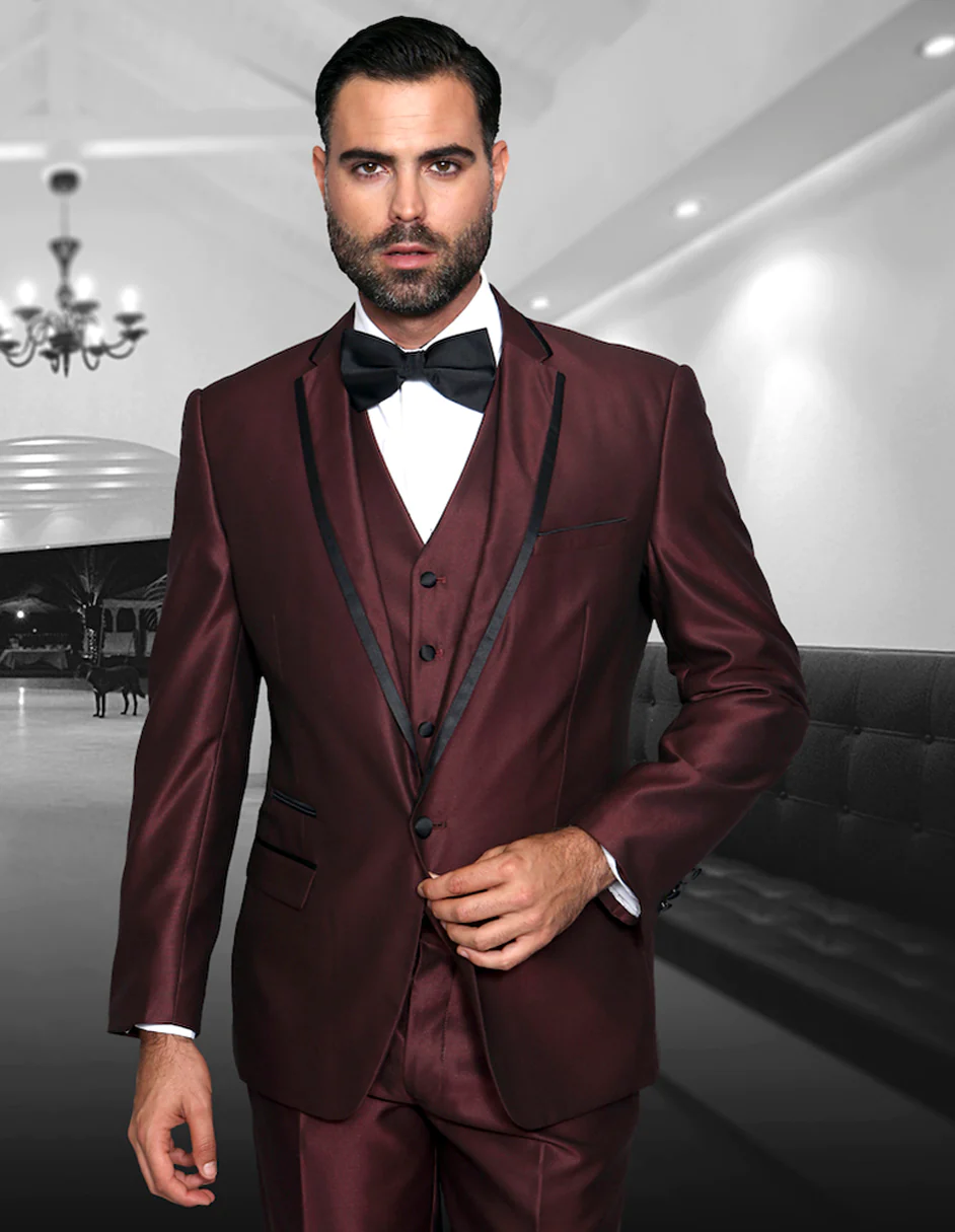 Mens One Button Satin Trim Notch Tuxedo in Shiny Burgundy Sharkskin