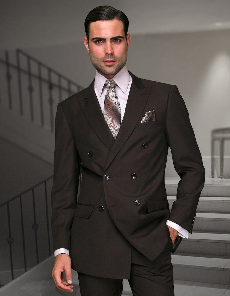 Mens Classic Wool Double Breasted Suit in Brown - 42 Short