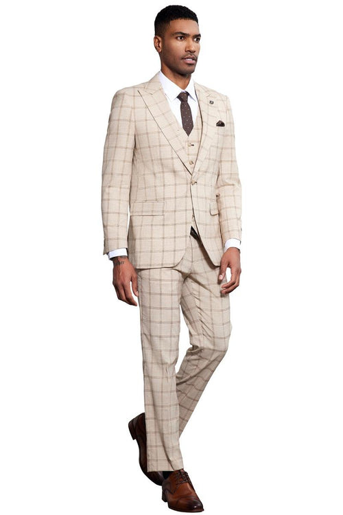 Men's Stacy Adams One Button Peak Lapel Vested Windowpane Plaid Suit in Tan
