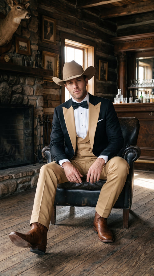 Men's Western Khaki Cowboy Tuxedo Suit – Black & Tan Beige Peak Lapel 3-Piece Vested Formal Cowboy Suit