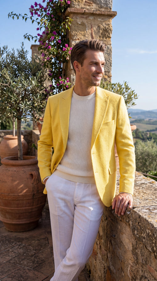 Zacci Brand Men’s Lemon Yellow Blazer Peak Lapel Hopsack Weave – Stylish Formal Blazer Jacket for Wedding, Party, Prom and Smart Casual Wear