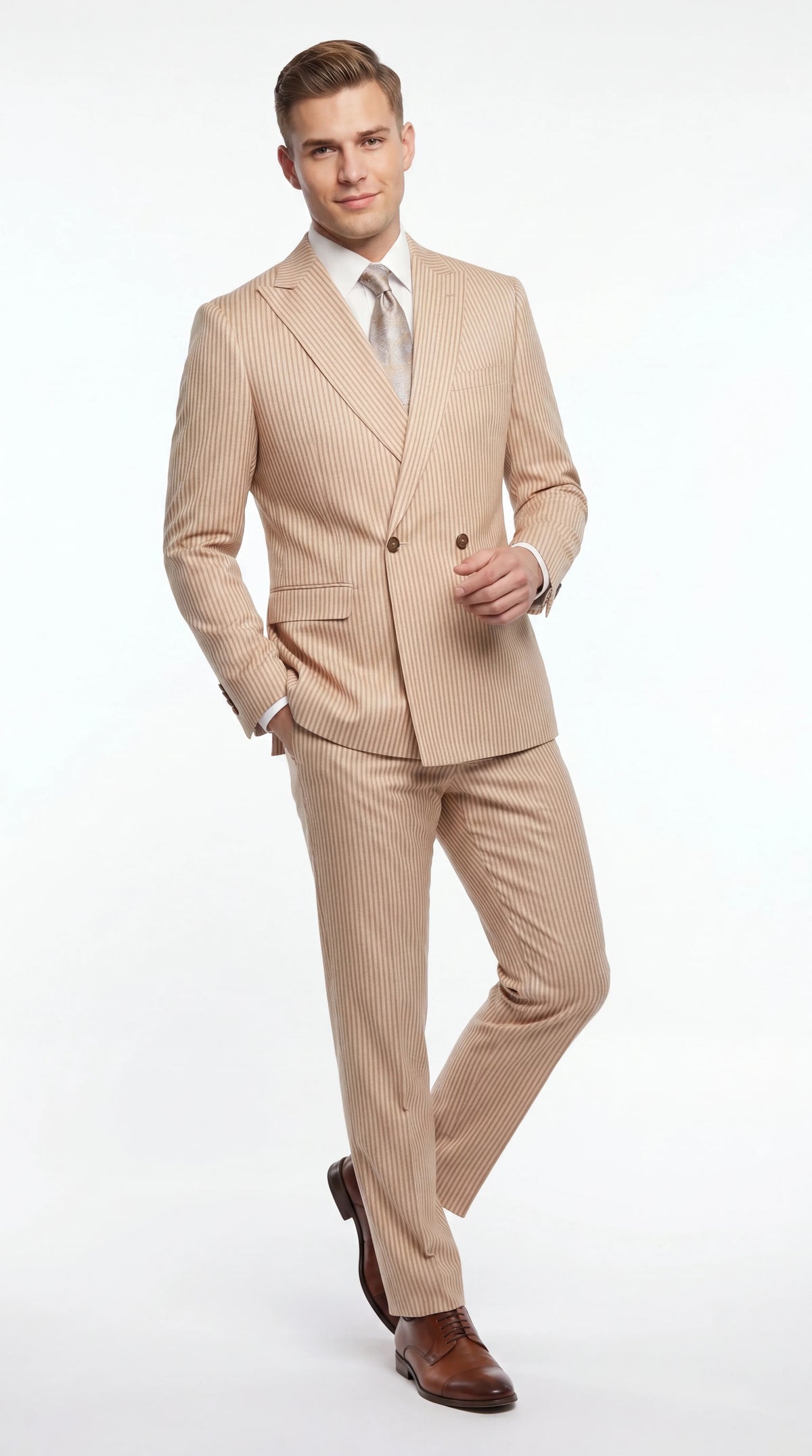Vitali Menās Tone on Tone Beige Pinstripe 2 Piece Suit, Double Breasted Summer Dress Suit for Weddings, Tan Beige Shadow Pinstripe