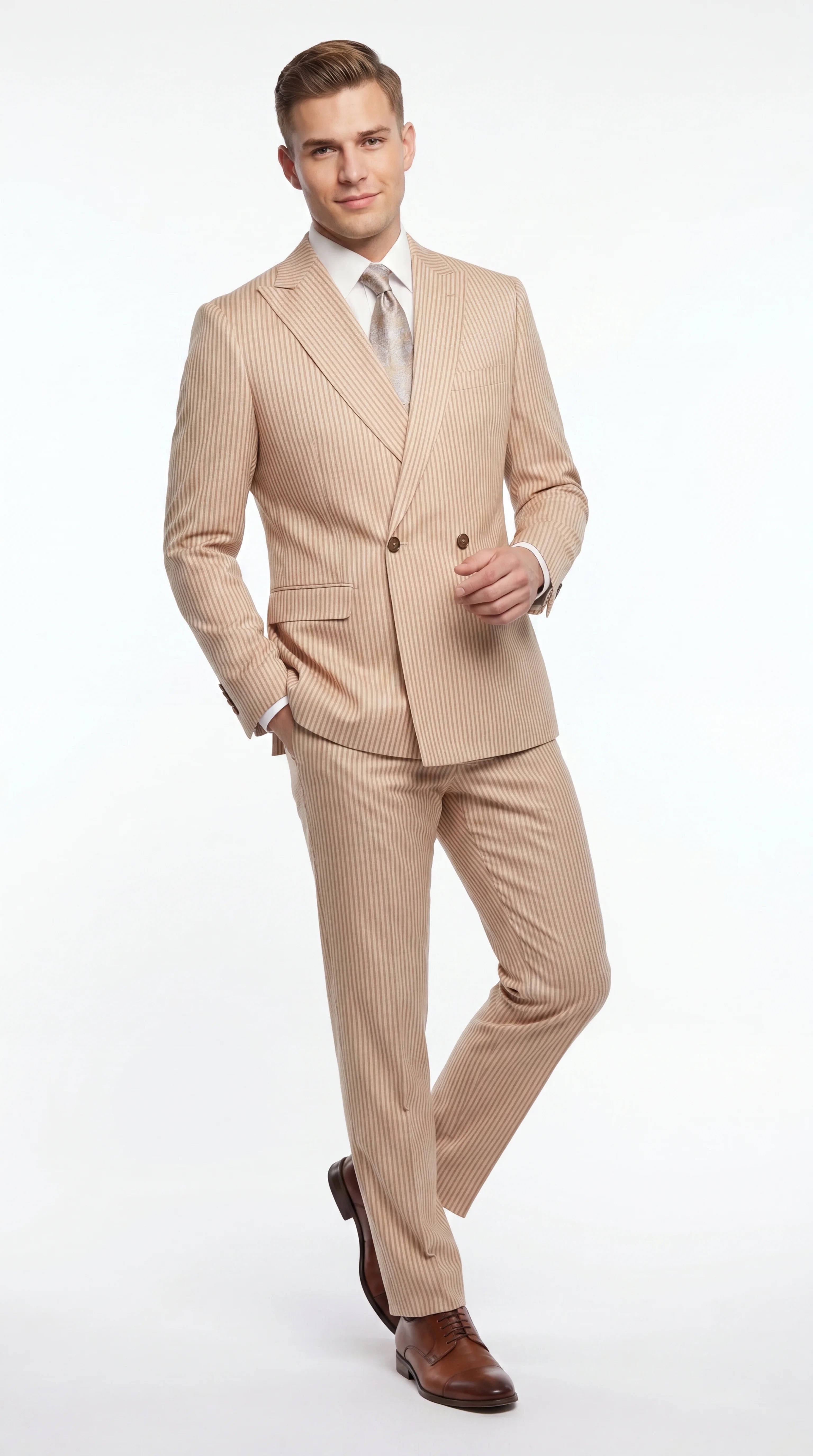 Vitali Men’s Tone on Tone Beige Pinstripe 2 Piece Suit, Double Breasted Summer Dress Suit for Weddings, Tan Beige Shadow Pinstripe