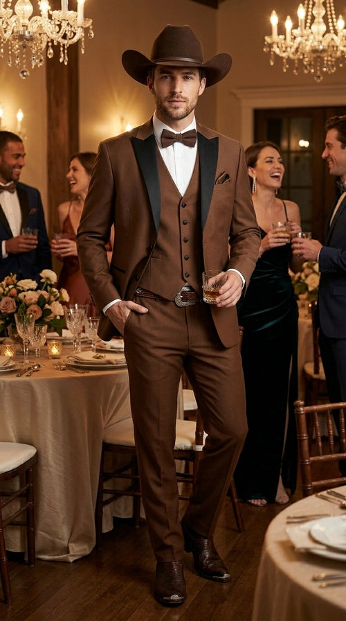 Men’s Light Brown Western Tuxedo 3 Piece Suit with Black Collar Lapel, Country Look Cowboy Suit