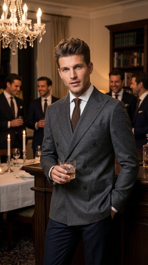 Men’s Charcoal Double Breasted Blazer, Formal Wedding Business Casual Sport Coat Jacket Wool Fabric