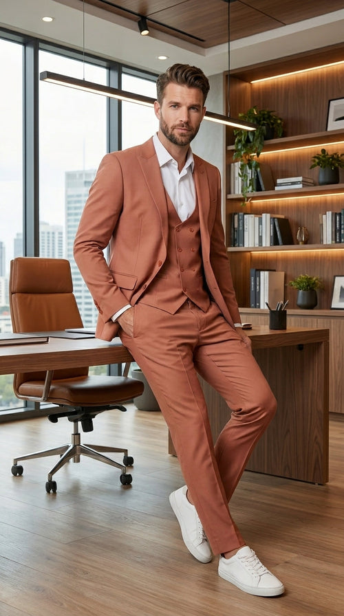 Men’s Peach Light Brown 3 Piece Suit – Wedding & Prom Formal Suit Set, Blazer Pants Double breasted vest