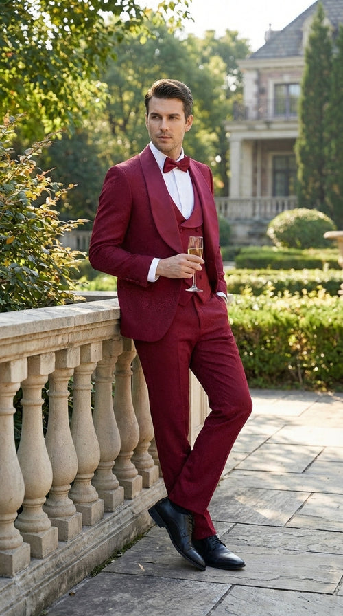 Mens Burgundy Wedding Tuxedo Suit β Paisley Three Piece Formal Suit Set with Shawl Lapel for Groom, Prom