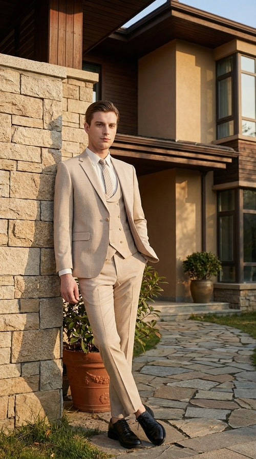 Mens Sand Beige 3 Piece Suit – Double breasted Vest Formal Suit Set and Dress Pants in Champaign Natural Summer Color