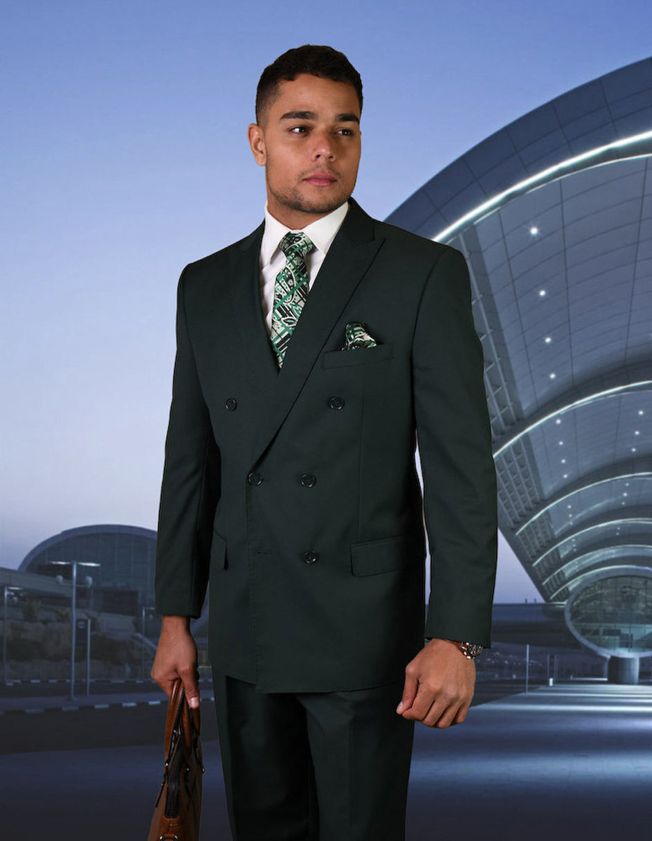 Mens Classic Wool Double Breasted Suit in Hunter Green - 44 Short