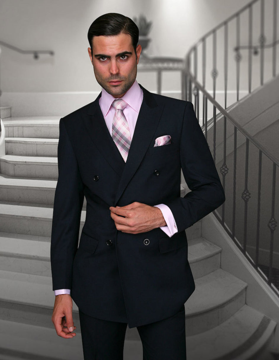 Mens Classic Wool Double Breasted Suit in Navy Blue - 42 Short