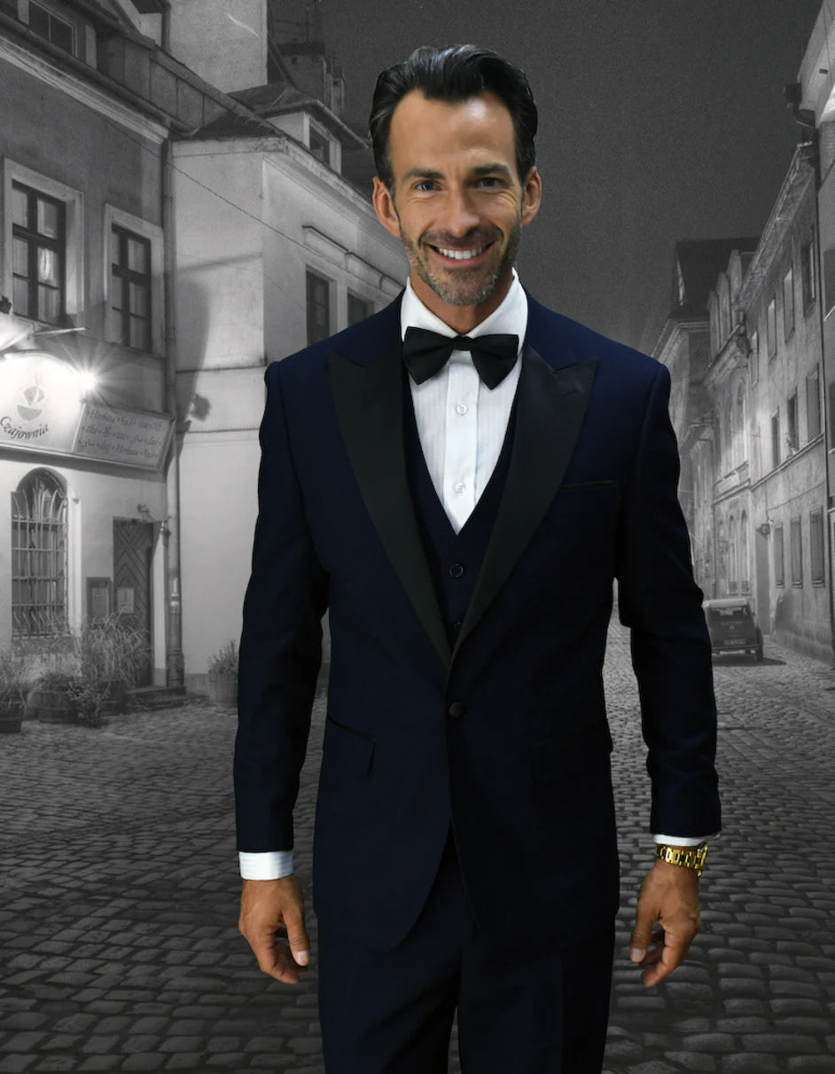 Mens Navy Blue Wedding Tuxedo - Dark Blue Tuxedo Suit" Mens 1 Button Peak Lapel Vested Wool Tuxedo in Navy Blue - 34 Short