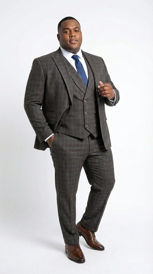 Vitali Men’s Brown Grey with blue Check 3 Piece Suit – Classic Plaid Formal Suit Set with Blazer, Vest & Trousers, Business Wedding Party Wear for Men Modern Fit