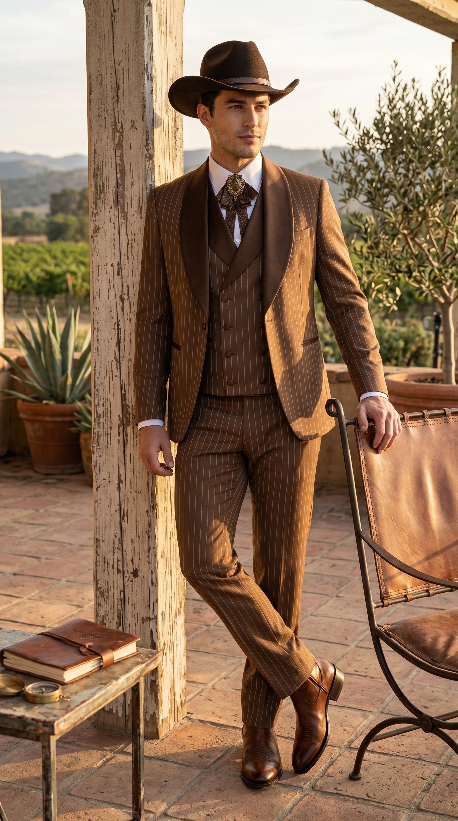 Men’s Brown Pinstripe Western Cowboy Tuxedo, Contrast Shawl Lapel Formal Suit for Weddings, Prom, Parties, and Special Occasions