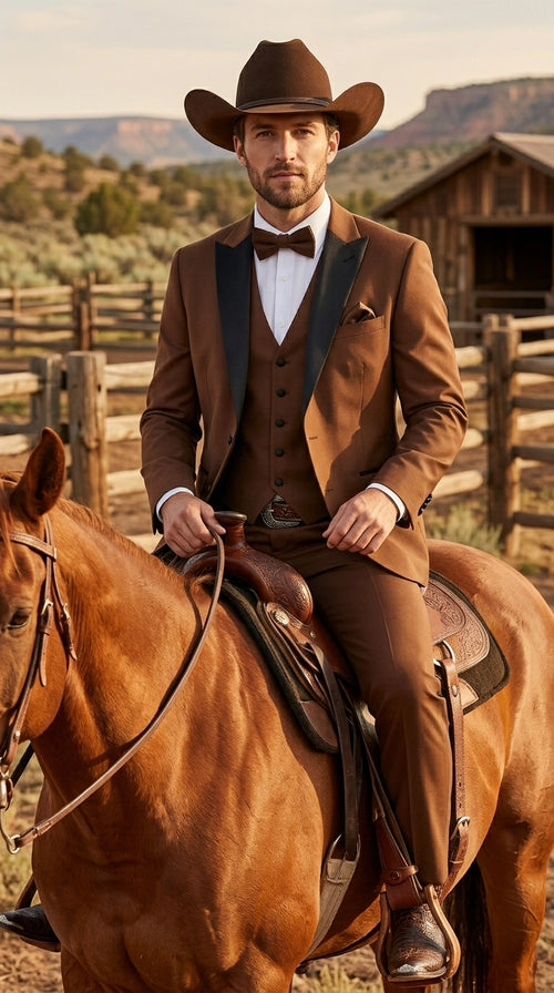 Men’s Light Brown Western Tuxedo 3 Piece Suit with Black Collar Lapel, Country Look Cowboy Suit