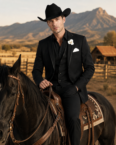 Men’s Black Western Tuxedo Suit, 3 Piece Cowboy Formal Wedding Prom Suit with Satin Trim