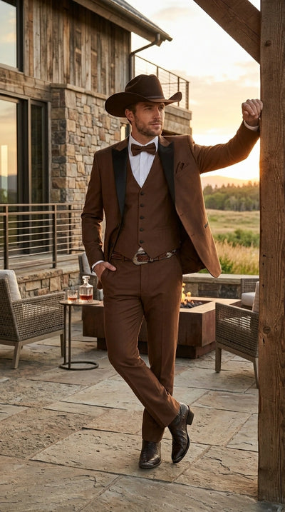 Men’s Light Brown Western Tuxedo 3 Piece Suit with Black Collar Lapel, Country Look Cowboy Suit