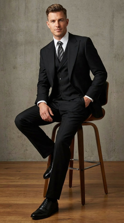 Tiglio Mens Black 3 Piece Suit β Single Button Classic Fit Pleated Wide Leg Pants Formal Business Chruch Suit - 100% Wool