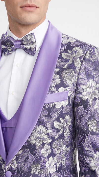 Men’s Lilac Lavender Prom Suit – Floral Shawl Lapel 3 Piece Tuxedo with Matching Vest and Pants