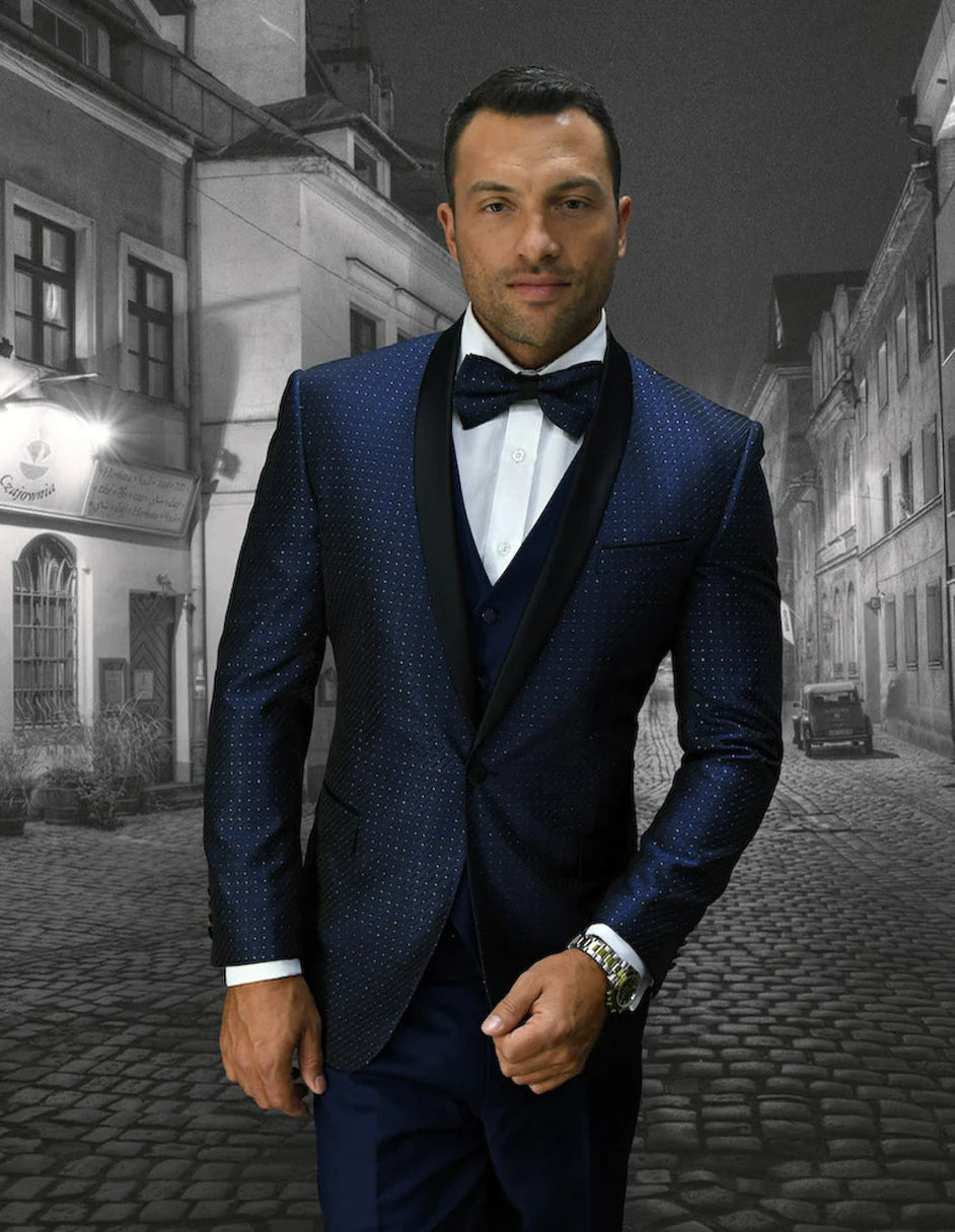 Mens Navy Blue Wedding Tuxedo - Dark Blue Tuxedo Suit" Mens Designer Collin One Button Wedding and Prom Tuxedo Navy