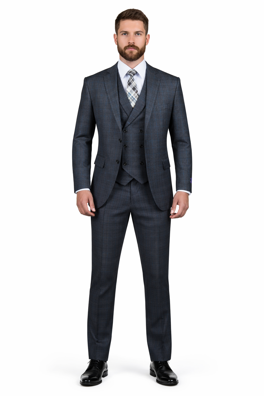 1920s Charcoal Square Plaid Mens Suit 3 Piece DB Vest Vinci V2RW-13