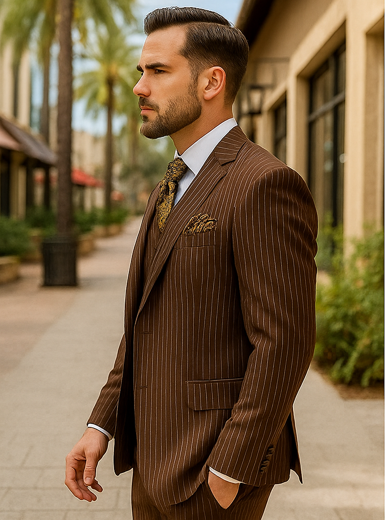 1920s Mens Suit - 1920s Mens Outfit - 1920s costume Bold Pinstripe Wide Suit in Brown - 38 Short Jacket+32 Waist Adjustable 28to34)(Height: 5 4 to5 7 )(Neck 15-16.5)S-M)