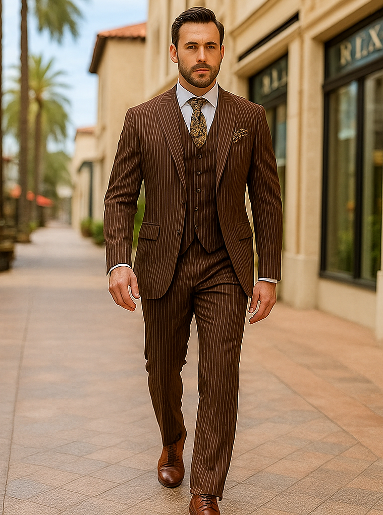1920s Mens Suit - 1920s Mens Outfit - 1920s costume Bold Pinstripe Wide Suit in Brown - New Arrival - 38 Short Jacket+32 Waist Adjustable 28to34)(Height: 5 4 to5 7 )(Neck 15-16.5)S-M)