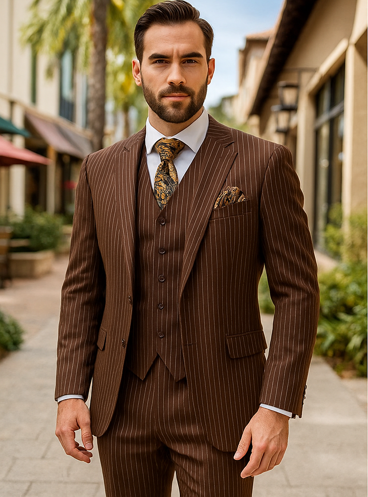 1920s Mens Suit - 1920s Mens Outfit - 1920s costume Bold Pinstripe Wide Suit in Brown - 38 Short Jacket+32 Waist Adjustable 28to34)(Height: 5 4 to5 7 )(Neck 15-16.5)S-M)