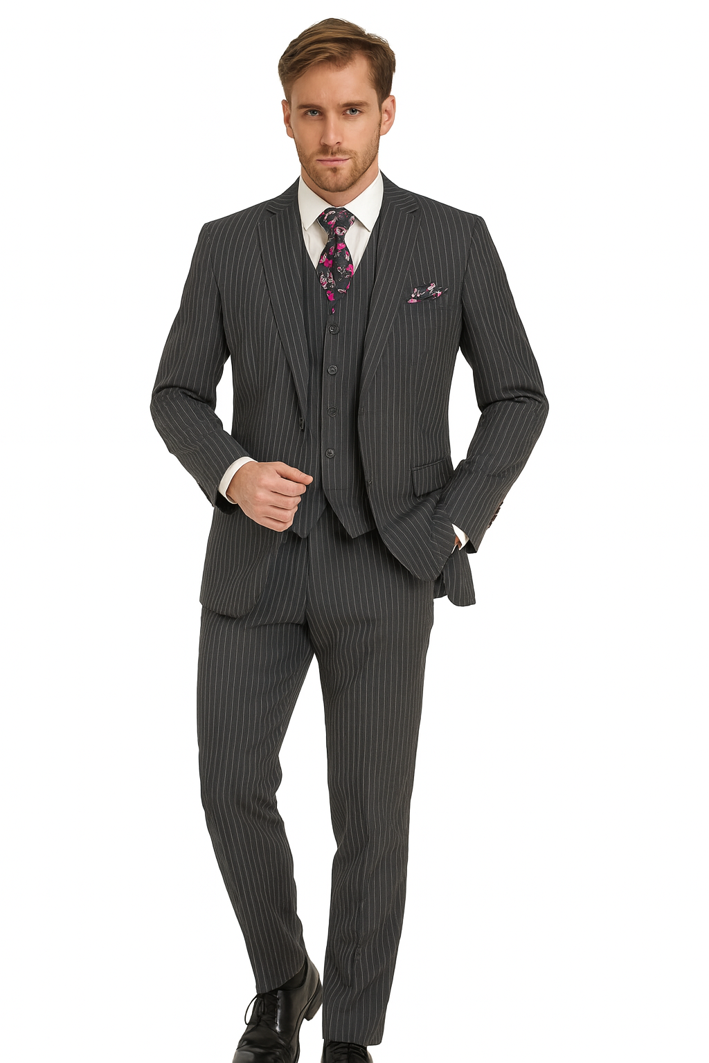 1920s Mens Suit - 1920s Mens Outfit - 1920s costume Bold Pinstripe Wide Suit in Grey suit - New Arrival - 38 Short Jacket+32 Waist Adjustable 28to34)(Height: 5 4 to5 7 )(Neck 15-16.5)S-M)