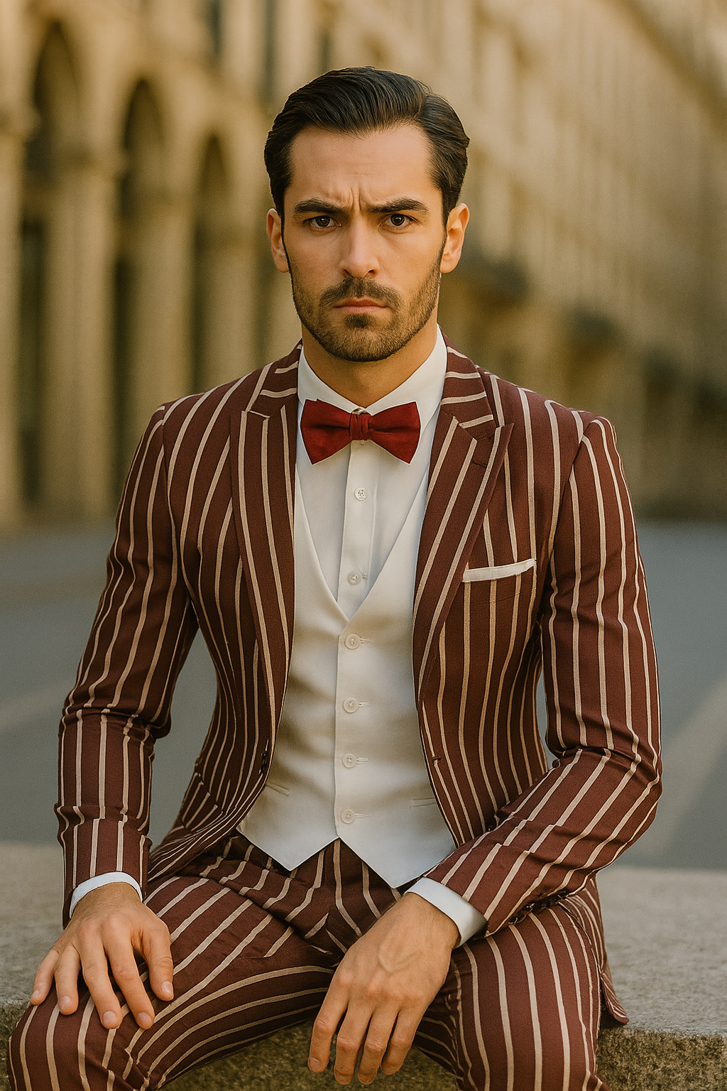 1920s Mens Vested Bold Gangster Pinstripe Suit in Burgundy - 34 Short or Extra Small