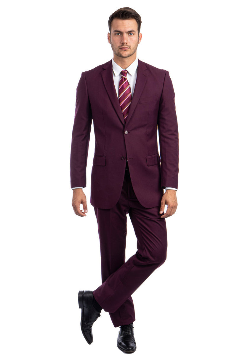 "Modern Fit Men's Business Suit - Two Button Style in Burgundy"