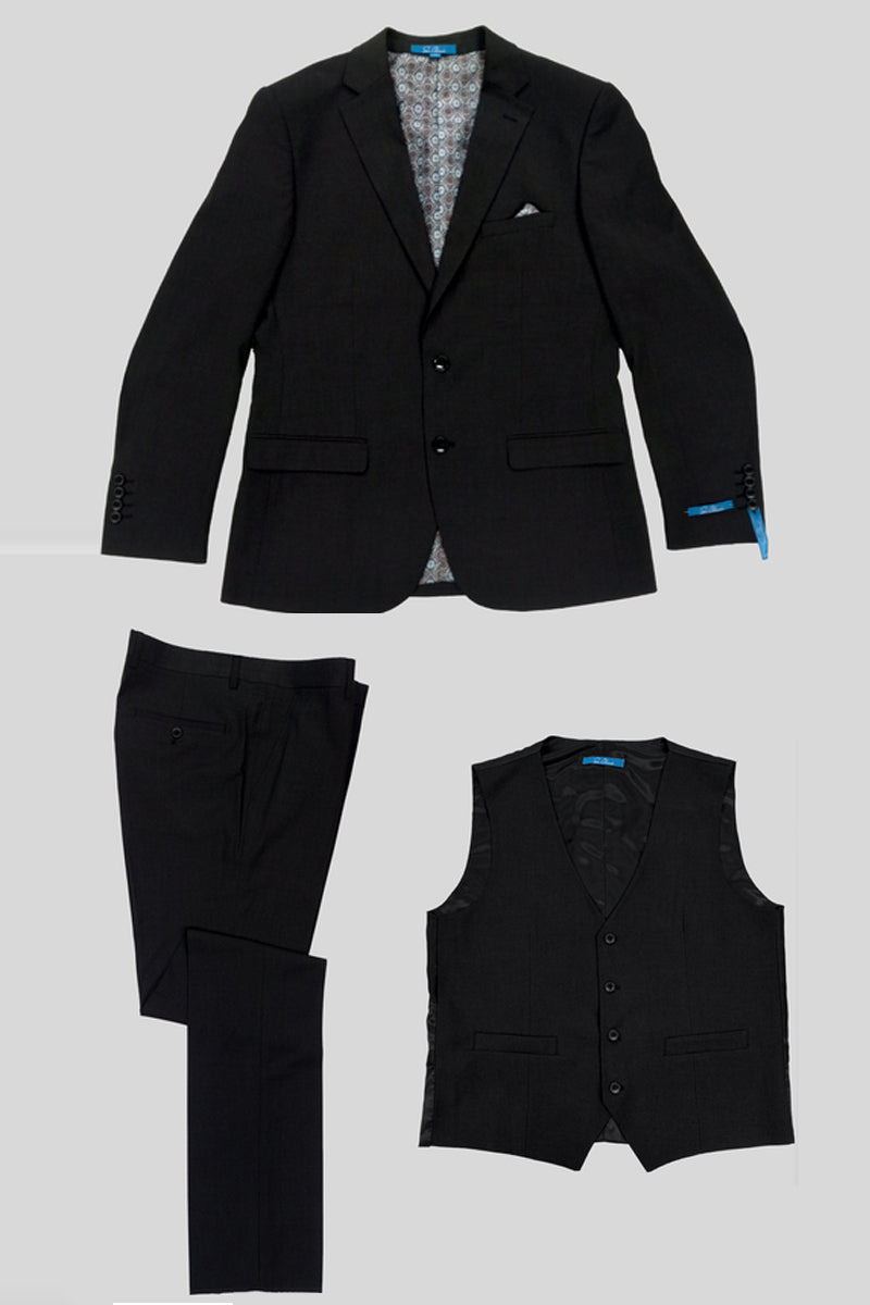 "Black Men's Slim Fit Vested Windowpane Business Suit"