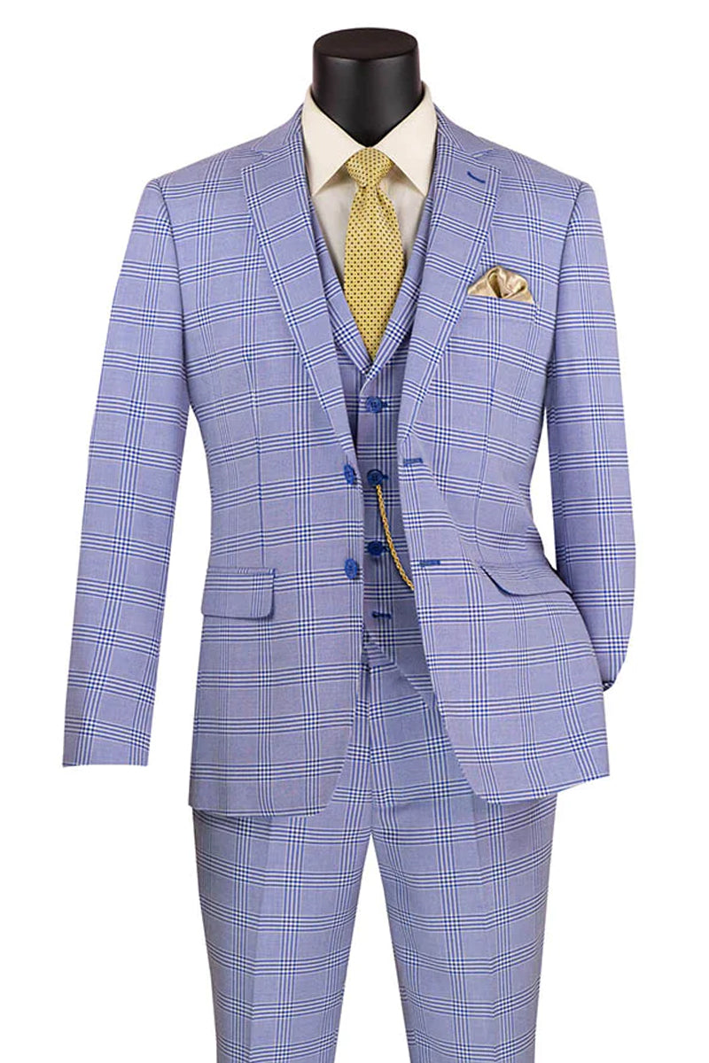 "Sky Blue Glen Plaid Men's Slim Fit Summer Business Suit with Vest"